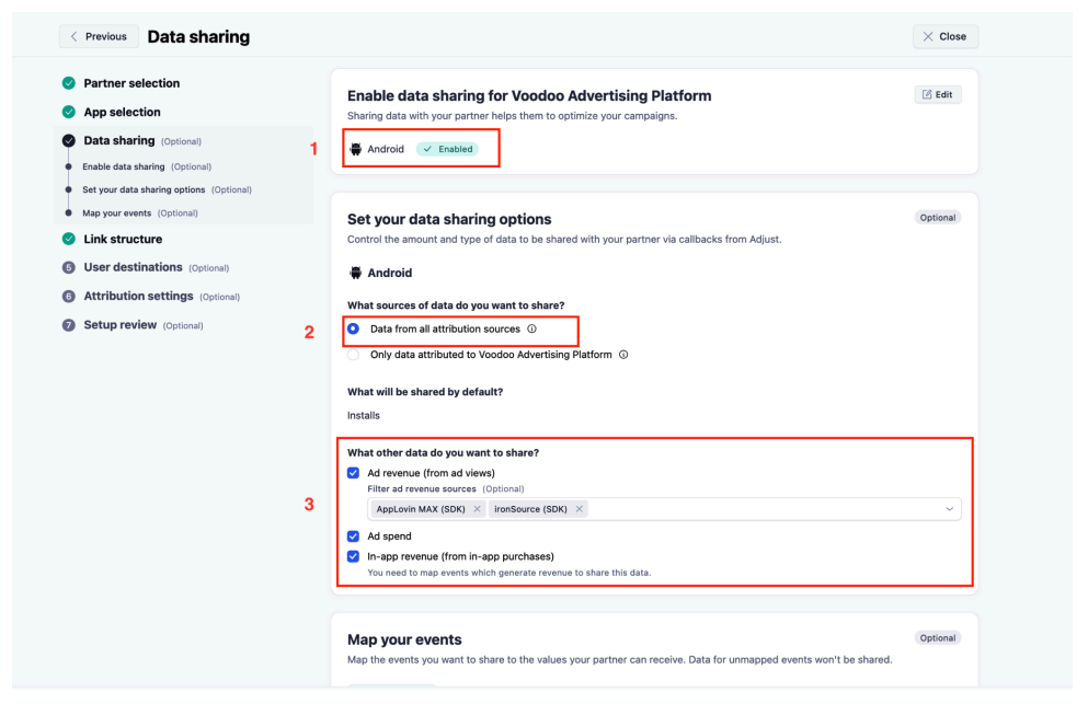 Adjust data sharing options with Data from all attribution sources selected and ad revenue, ad spend, and in-app revenue enabled