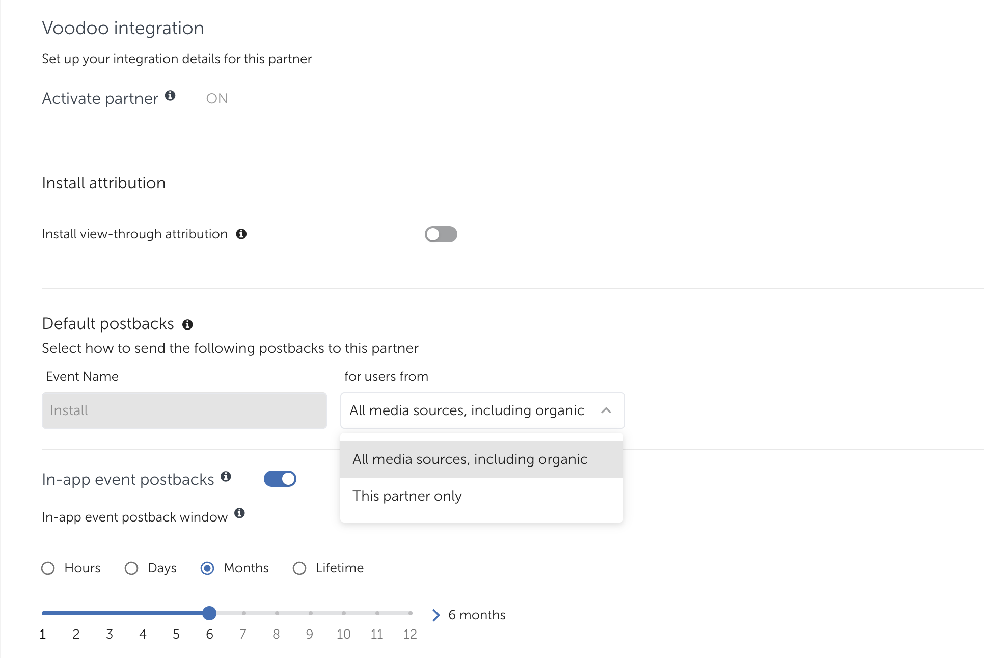 AppsFlyer partner integration settings with postbacks set to All media sources, including organic