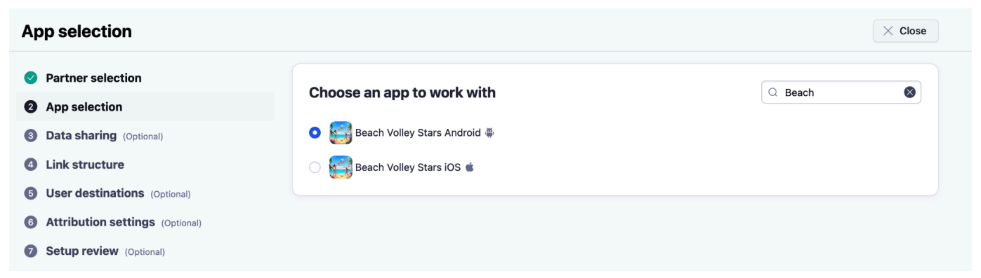 Adjust App selection step with the app to advertise chosen from the Android and iOS options