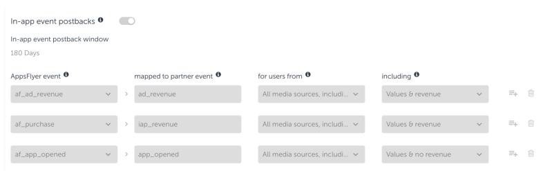AppsFlyer in-app event postback mapping of ad_revenue and iap_revenue events set to include values and revenue