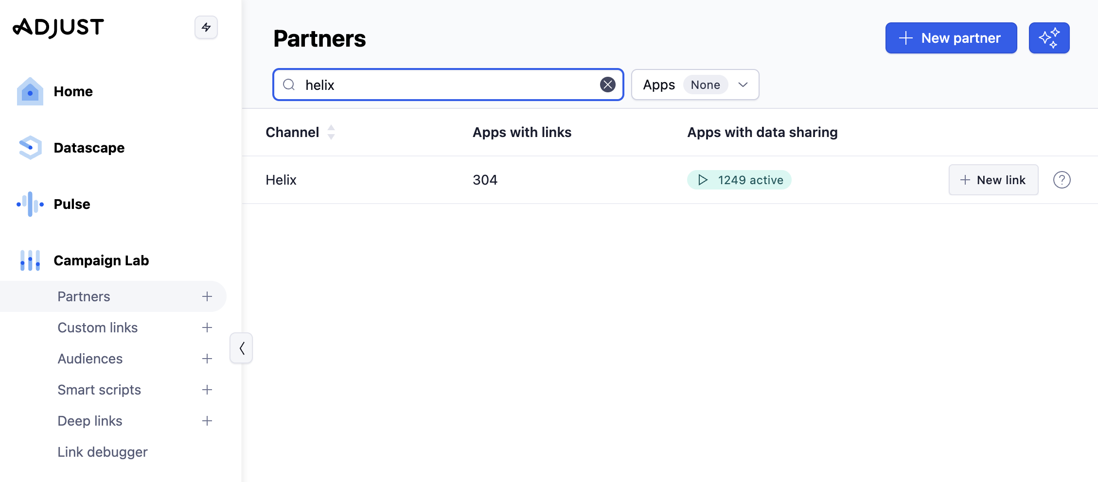 Adjust Partners page with Helix found in the partner search and the New link button