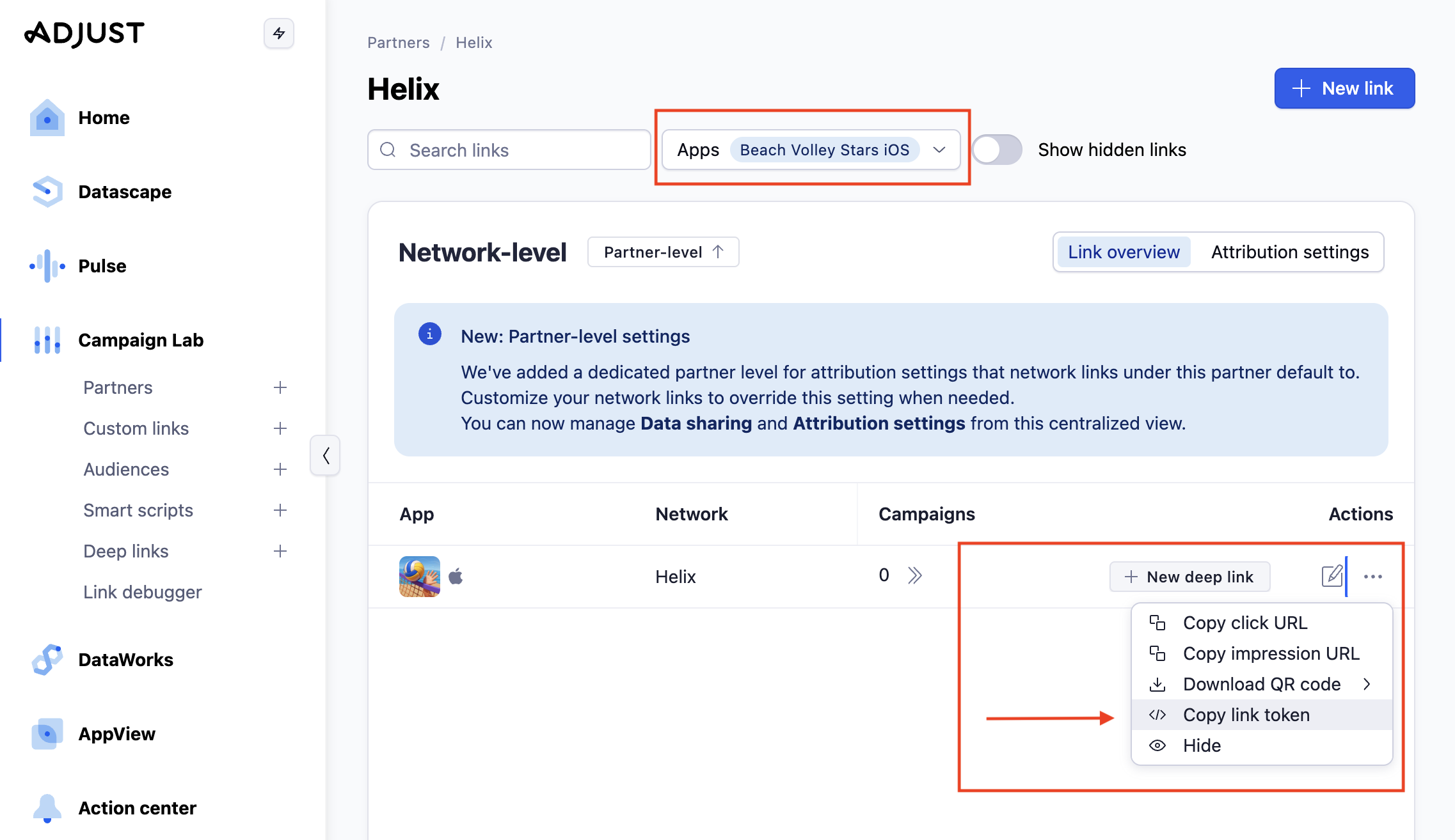 Adjust Partners link overview with the three-dot menu open and Copy link token highlighted