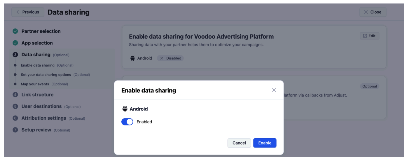 Adjust Data sharing step with the Enable data sharing dialog toggled on for Android