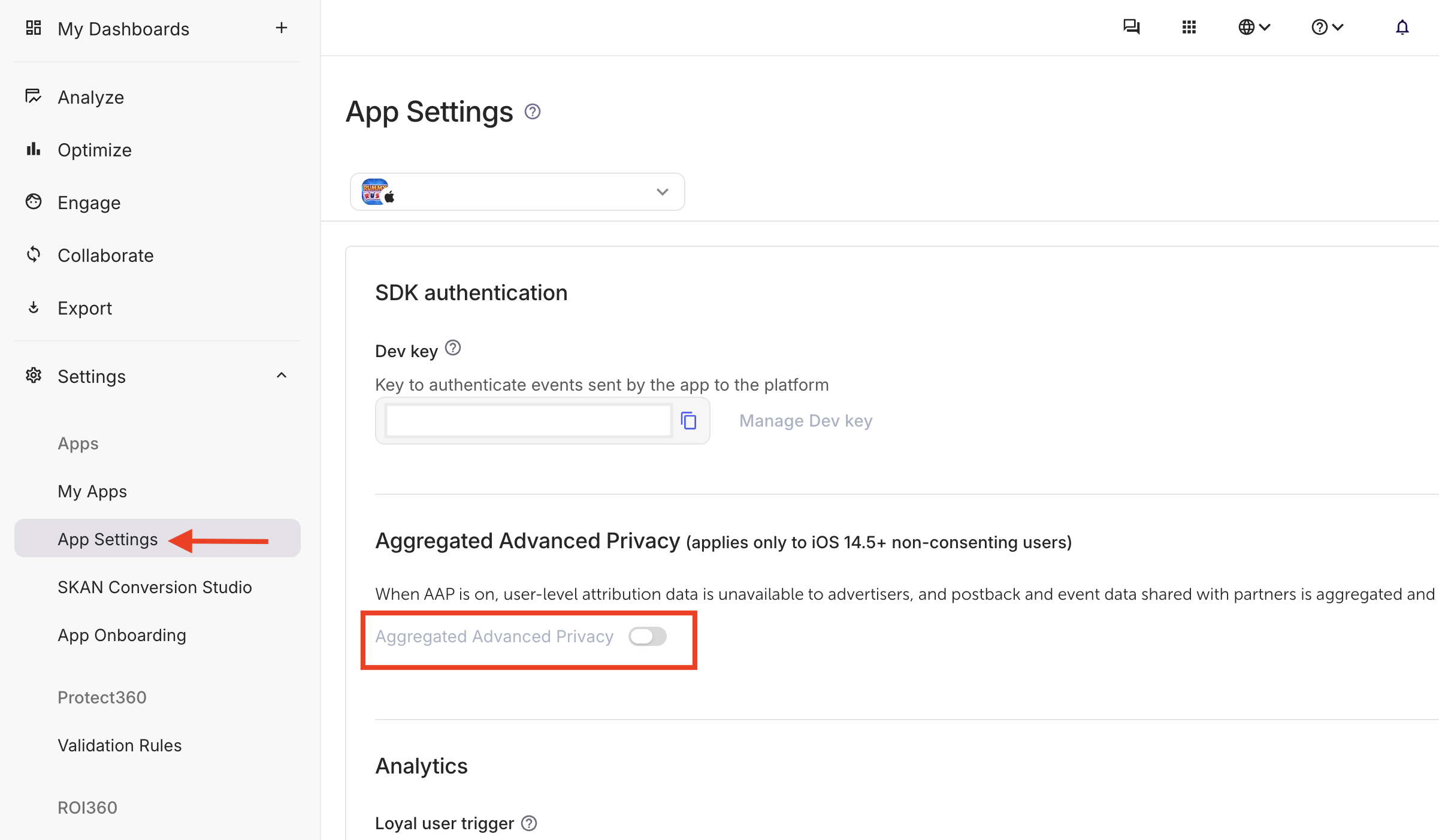 AppsFlyer App Settings with the Aggregated Advanced Privacy toggle turned off