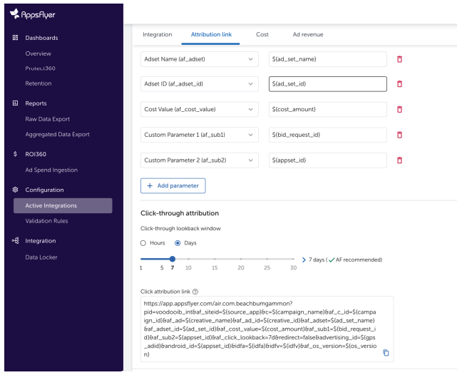AppsFlyer attribution link configuration showing the generated click attribution URL that contains the app identifier