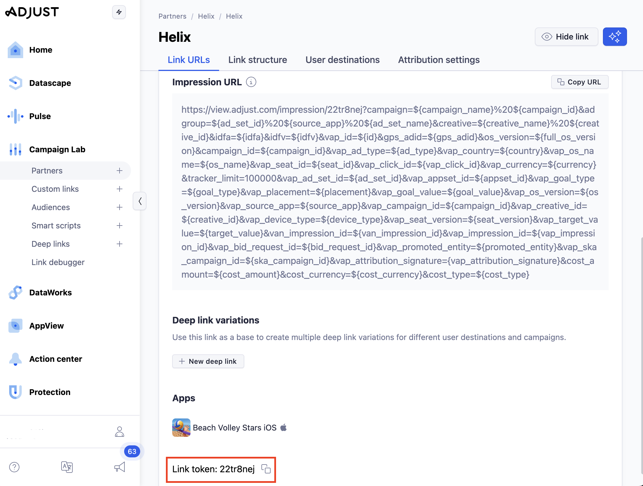 Adjust link details page showing the impression URL and the link token displayed at the bottom
